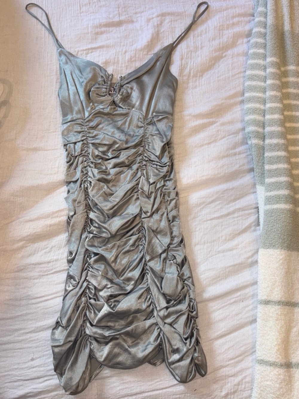 Zara Metallic Silver Ruched Spaghetti-Strap Mini Dress